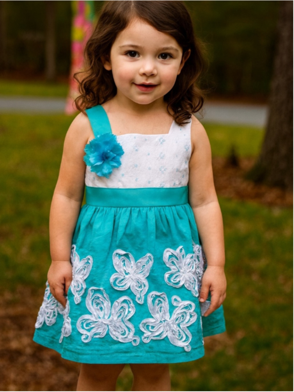 Turquoise & White Embroidered Party Dress Satin Bow Girls Size 4T EUC